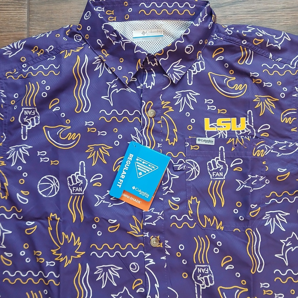 Columbia PFG LSU Tigers Super Slack Shirt Mens Large Purple AOP Fishing Outdoors